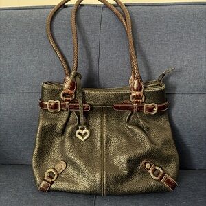 Brighton Black Pebbled Leather Shoulder Bag with Brown Trim